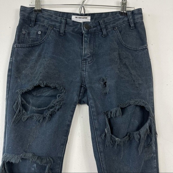 One Teaspoon Trashed Freebirds Jeans Fox Black Ripped Low Rise Distressed Y2K 24 - Picture 15 of 16